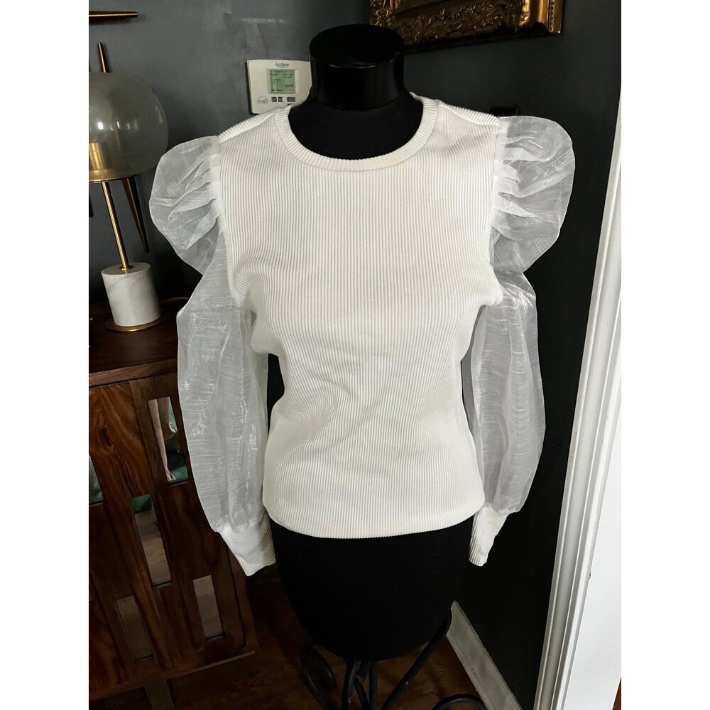 Dolan Left Coast Collection White Ribbed Knit Shirt with Puffy Sheer Sleeves